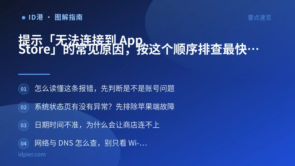 提示「无法连接到 App Store」的常见原因，按这个顺序排查最快